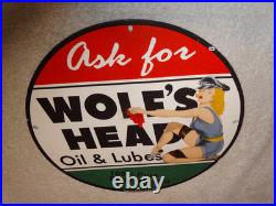 Vintage Wolf's Head Motor Oil & Lube 11 3/4 Porcelain Metal Wolfs Gasoline Sign