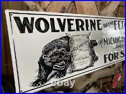 Vintage Wolverine Fertilizer Embossed Metal Sign Porcelain Farm Michigan Gas Oil