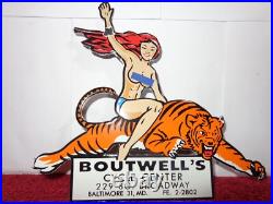 Vintage Woman? On Tiger 9 Porcelain Metal Motorcycle Center Harley Indian Sign