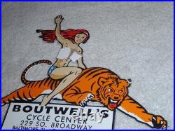 Vintage Woman? On Tiger 9 Porcelain Metal Motorcycle Center Harley Indian Sign