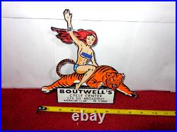Vintage Woman? On Tiger 9 Porcelain Metal Motorcycle Center Harley Indian Sign