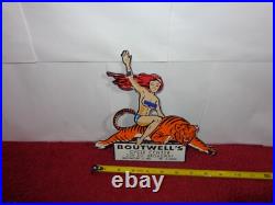 Vintage Woman? On Tiger 9 Porcelain Metal Motorcycle Center Harley Indian Sign