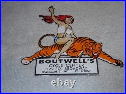 Vintage Woman? On Tiger 9 Porcelain Metal Motorcycle Center Harley Indian Sign