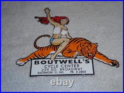 Vintage Woman? On Tiger 9 Porcelain Metal Motorcycle Center Harley Indian Sign