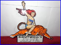 Vintage Woman? On Tiger 9 Porcelain Metal Motorcycle Center Harley Indian Sign