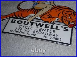 Vintage Woman? On Tiger 9 Porcelain Metal Motorcycle Center Harley Indian Sign