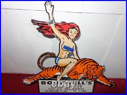 Vintage Woman? On Tiger 9 Porcelain Metal Motorcycle Center Harley Indian Sign