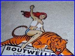 Vintage Woman? On Tiger 9 Porcelain Metal Motorcycle Center Harley Indian Sign
