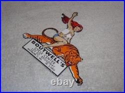 Vintage Woman? On Tiger 9 Porcelain Metal Motorcycle Center Harley Indian Sign