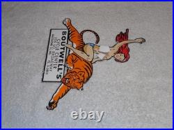 Vintage Woman? On Tiger 9 Porcelain Metal Motorcycle Center Harley Indian Sign