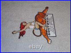 Vintage Woman? On Tiger 9 Porcelain Metal Motorcycle Center Harley Indian Sign