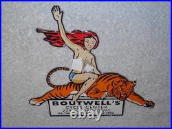 Vintage Woman? On Tiger 9 Porcelain Metal Motorcycle Center Harley Indian Sign