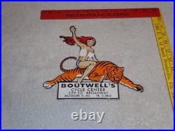 Vintage Woman? On Tiger 9 Porcelain Metal Motorcycle Center Harley Indian Sign