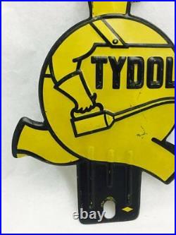 Vintage Yellow Tydol Oil Can Man/ Fat Man Tag Topper License Plate Metal Sign