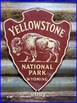 Vintage Yellowstone Porcelain Sign Old National Park Wyoming Bison Arrowhead 12 Vintage Yellowstone Porcelain Sign Old National Park Wyoming Bison Arrowhead 12