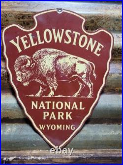 Vintage Yellowstone Porcelain Sign Old National Park Wyoming Bison Arrowhead 12