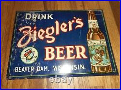 Vintage ZIEGLERS BEER BEAVER DAM WISCONSIN WI TOC Metal Advertising SIGN