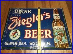 Vintage ZIEGLERS BEER BEAVER DAM WISCONSIN WI TOC Metal Advertising SIGN