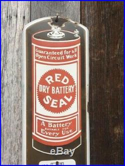 Vintage c. 1920 Red Seal Battery Gas Oil 27 Porcelain Metal Thermometer Sign