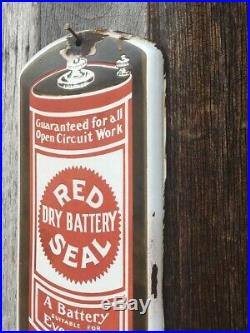 Vintage c. 1920 Red Seal Battery Gas Oil 27 Porcelain Metal Thermometer Sign