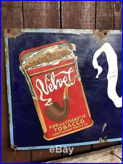Vintage c. 1930's Velvet Pipe & Cigarette Tobacco 39 X 12 Porcelain Metal Sign