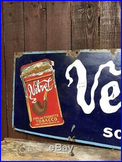 Vintage c. 1930's Velvet Pipe & Cigarette Tobacco 39 X 12 Porcelain Metal Sign