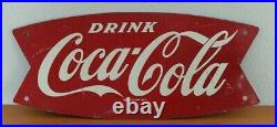 Vintage c. 1960 Coca Cola Fishtail Soda Pop Gas Station Metal Sign Coke