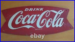 Vintage c. 1960 Coca Cola Fishtail Soda Pop Gas Station Metal Sign Coke