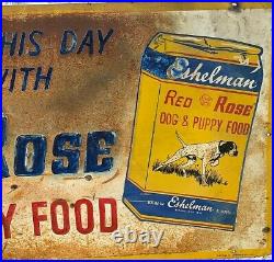 Vintage large Metal Red Rose Dog Food Sign With GR8 Graphics 1959 Farm pet vet