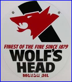 Vintage metal sign WOLFS HEAD MOTOR OIL wolf pictured double sided unused n-mint