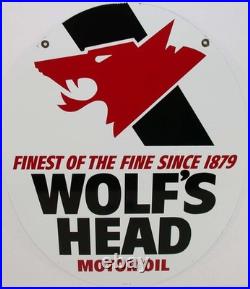 Vintage metal sign WOLFS HEAD MOTOR OIL wolf pictured double sided unused n-mint