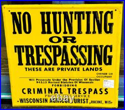 Vintage old Wisconsin Criminal No Hunting or Trespassing Metal Sign Racine Wis
