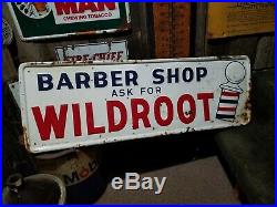 Vintage old embossed metal barber shop wildroot sign gas station general store