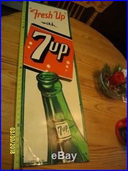 Vtg 1953 Freshup With 7up Soda Pop Embossed Metal Sign 42x 13 VERY RARE