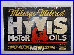 Vtg 2-Sided Metal HYVIS MOTOR OILS Advertising Sign 26 x 16-3/4 Original