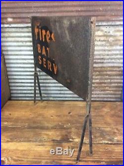 Vtg 40s 50s FIRESTONE BATTERY SERVICE Dbl Sided Metal Display Rack Sign Topper