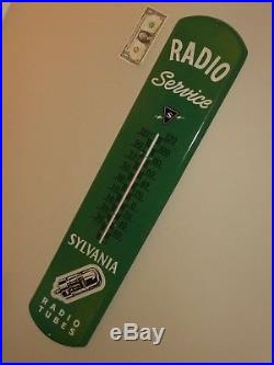 Vtg Adv Thermometer Sign, RADIO Service SYLVANIA TUBS. (S)Logo, Org, Metal, N-M, 1942