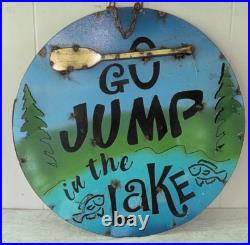 Vtg Folk Art Rustic Steel 3D Sign GO JUMP IN THE LAKE CABIN LAKE LODGE FISH 23