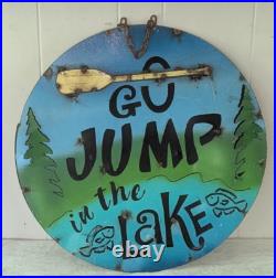 Vtg Folk Art Rustic Steel 3D Sign GO JUMP IN THE LAKE CABIN LAKE LODGE FISH 23