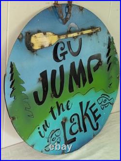 Vtg Folk Art Rustic Steel 3D Sign GO JUMP IN THE LAKE CABIN LAKE LODGE FISH 23