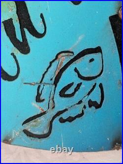 Vtg Folk Art Rustic Steel 3D Sign GO JUMP IN THE LAKE CABIN LAKE LODGE FISH 23