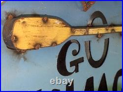 Vtg Folk Art Rustic Steel 3D Sign GO JUMP IN THE LAKE CABIN LAKE LODGE FISH 23
