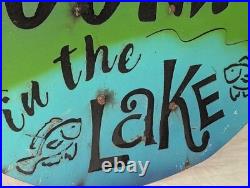 Vtg Folk Art Rustic Steel 3D Sign GO JUMP IN THE LAKE CABIN LAKE LODGE FISH 23