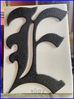 Vtg Metal Letter E Sign OLD ENGLISH Font heavy steel Hand Tooled 24 x 17 1/2
