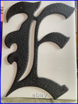 Vtg Metal Letter E Sign OLD ENGLISH Font heavy steel Hand Tooled 24 x 17 1/2