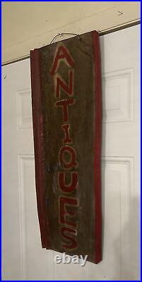 Vtg Mid-Century'ANTIQUES' SIGN HANDMADE Painted Metal BARN FIND 33x 13 NICE