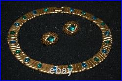 Vtg Monet Couture Green Oval Cabochons On Golden Metal Necklace And Earrings Set