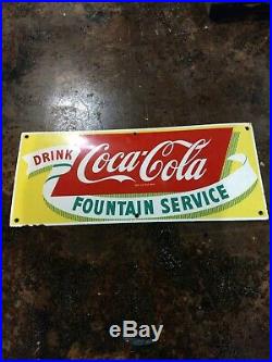 Vtg ORIGINAL Coca Cola Coke Fountain Service Porcelain Sign yellow metal