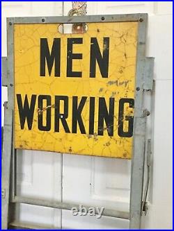 Vtg Original Old Metal Men Working Construction Tent Sign Man Cave Gas Oil Seed