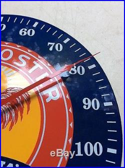 Vtg red rooster california's best porcelain metal thermometer sign farm seed
